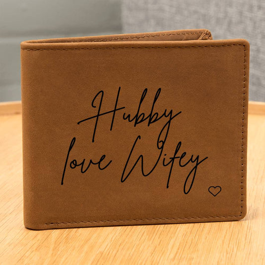 Personalised Graphic Leather Wallet "Hubby Love Wifey"