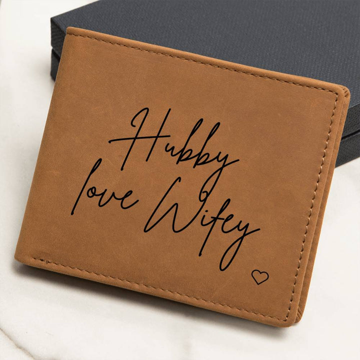 Personalised Graphic Leather Wallet "Hubby Love Wifey"