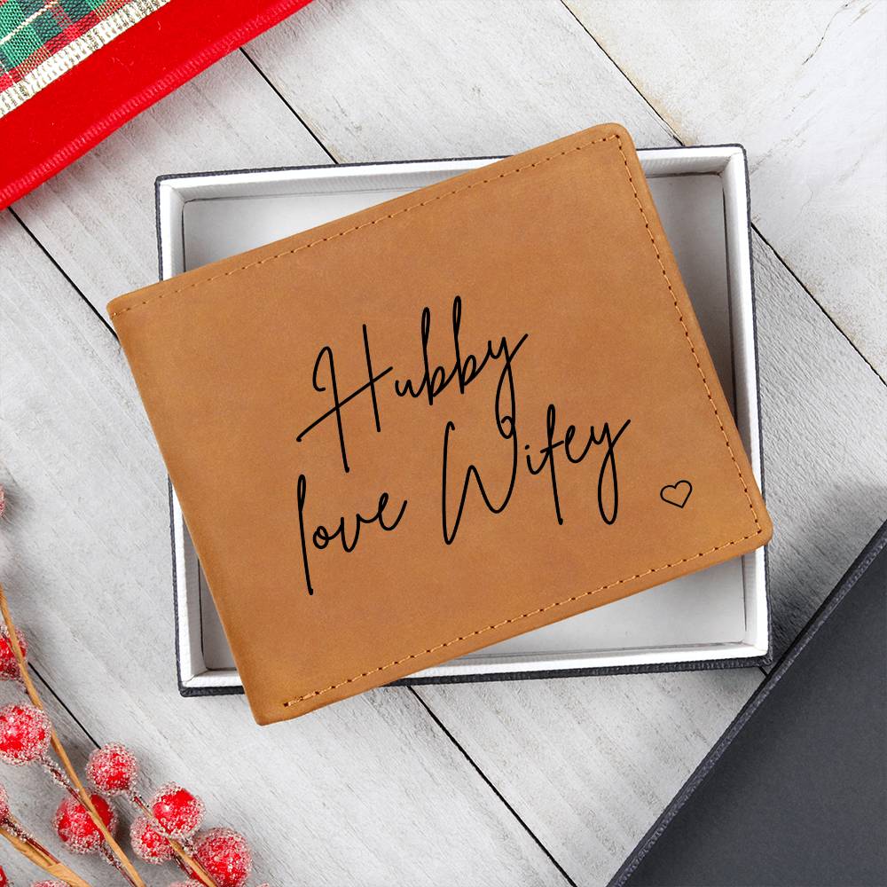 Personalised Graphic Leather Wallet "Hubby Love Wifey"