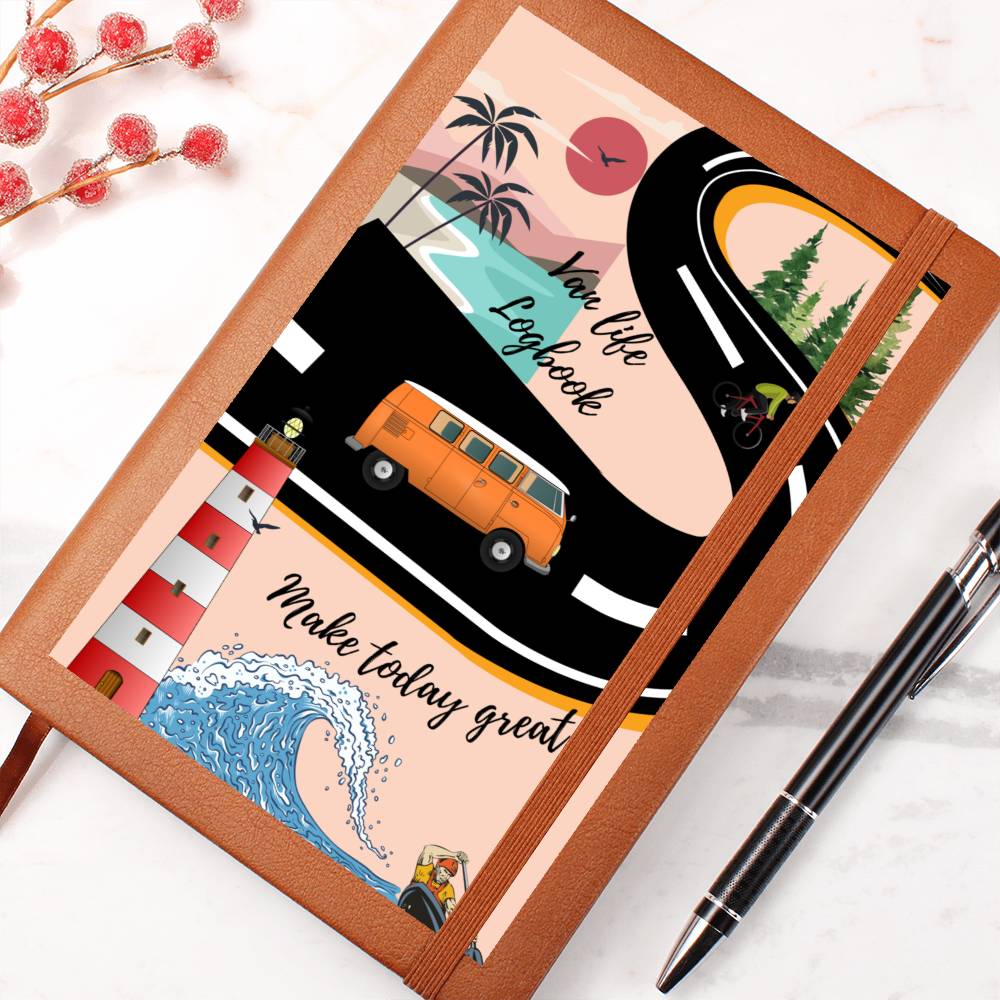 This travel van life Graphic Leather Journal is the perfect accessory for personal reminders, goal setting, or just getting organized. This vegan leather notebook allows you to write on the go thanks to its lightweight design. 