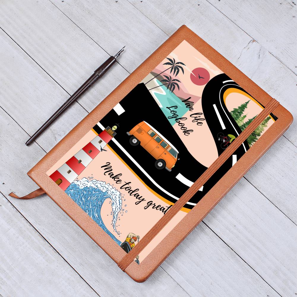 This travel van life Graphic Leather Journal is the perfect accessory for personal reminders, goal setting, or just getting organized. This vegan leather notebook allows you to write on the go thanks to its lightweight design. 