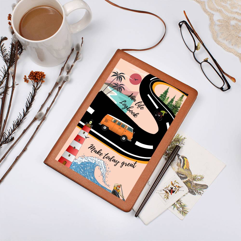 This travel van life Graphic Leather Journal is the perfect accessory for personal reminders, goal setting, or just getting organized. This vegan leather notebook allows you to write on the go thanks to its lightweight design. 