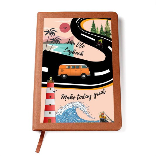 This travel van life Graphic Leather Journal is the perfect accessory for personal reminders, goal setting, or just getting organized. This vegan leather notebook allows you to write on the go thanks to its lightweight design. 