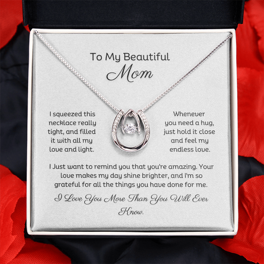 Mom horseshoe pendant necklace with  Cubic Zirconia centre stone in white gold finish, box chain and a heartfelt message card.