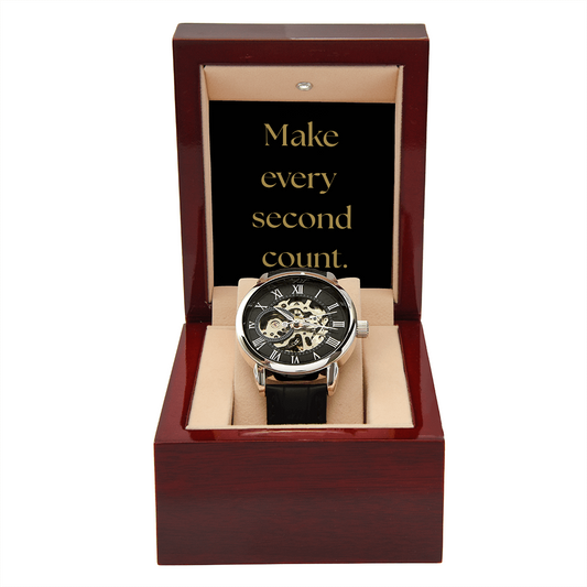 Unique Skeleton Dial Automatic Men's Watch with luxury box LED and message card. Make every second count.