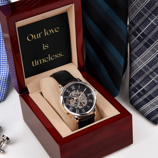 Unique Skeleton Dial Automatic Men's Watch with luxury box LED and message card.  Our love is timeless.