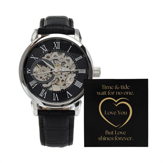 Unique Skeleton Dial Automatic Men's Watch with luxury box LED and message card. Time & tide wait for no one but love shines forever. Love You.