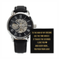 Black and gold graphic with bold text: To the man of my dreams use the time wisely. It tracks the seconds I love you   gold heart emoji. And every hour you push your luck. Savage message card for men’s handsome skeleton watch.