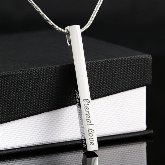 Engraved 4-Sided Vertical Stick Polished Stainless Steel Pendant With Snake Chain Necklace is a timeless way to carry the names, dates, or words that matter most. Each of the four sides is custom engraved.