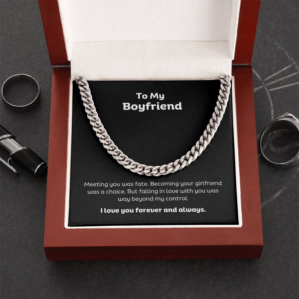 To my Boyfriend Cuban Link Chain Classic Necklace, stainless steel or 14k Gold finish and heartfelt message card.