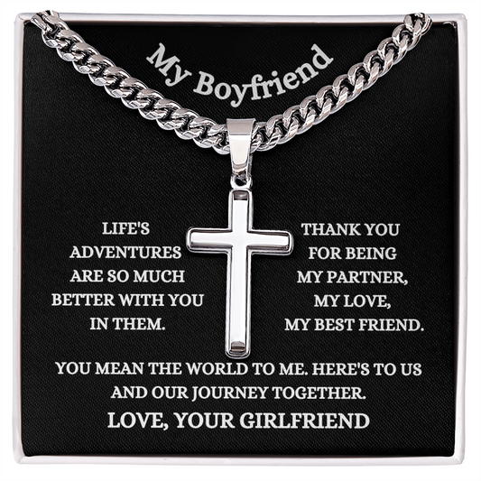 Cuban Chain with Artisan Cross Necklace in a Gift Box. A wonderful boyfriend gift idea with a Personalised message card and Engraving option on the back of the cross pendant.