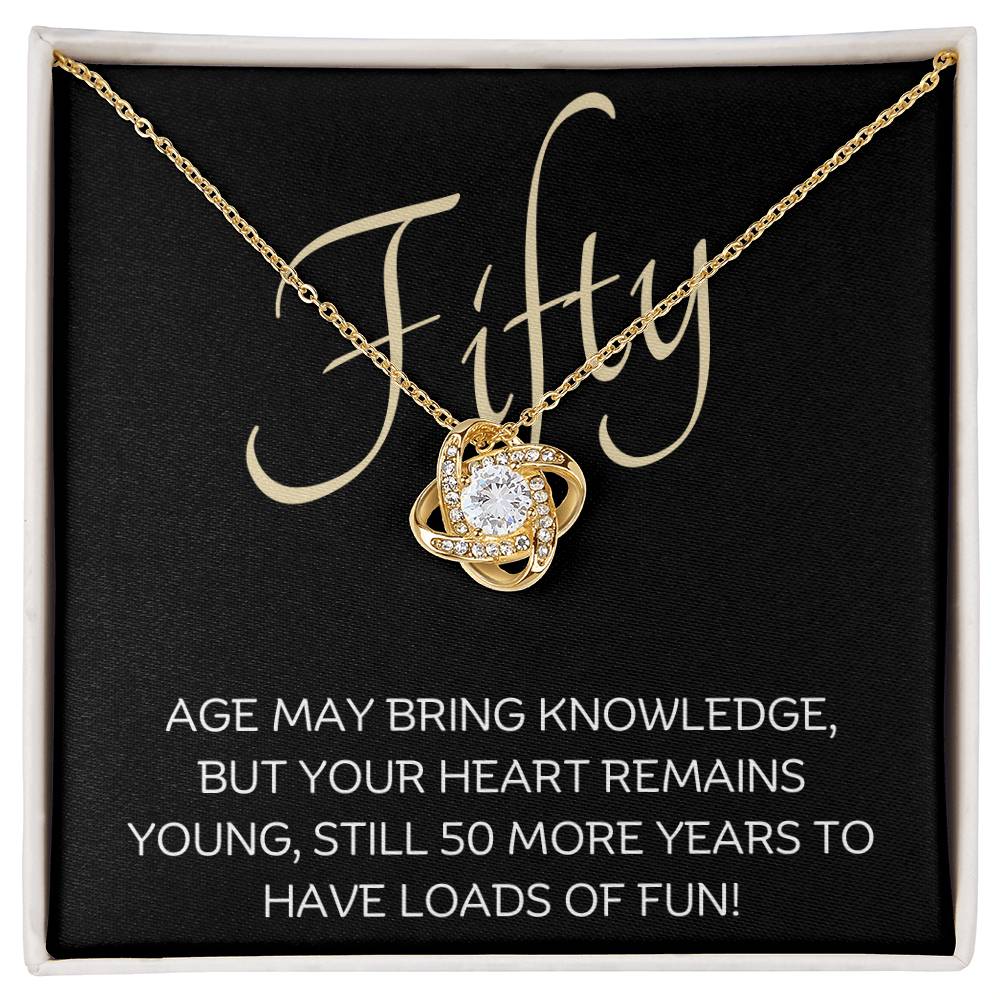 50th Birthday, Beautiful Love Knot 14k or 18k finish Necklace. Features a beautiful pendant embellished with premium cubic zirconia crystals and heartfelt message card.
