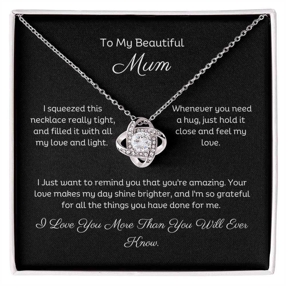 To My Mum, Beautiful Love Knot 14k or 18k finish Necklace. Features a beautiful pendant embellished with premium cubic zirconia crystals and heartfelt message card