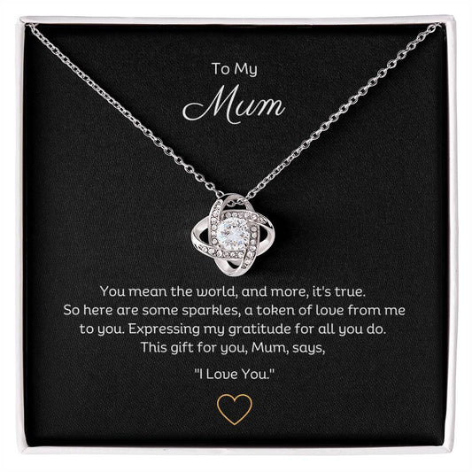 To My Mum, Beautiful Love Knot 14k or 18k finish Necklace. Features a beautiful pendant embellished with premium cubic zirconia crystals.