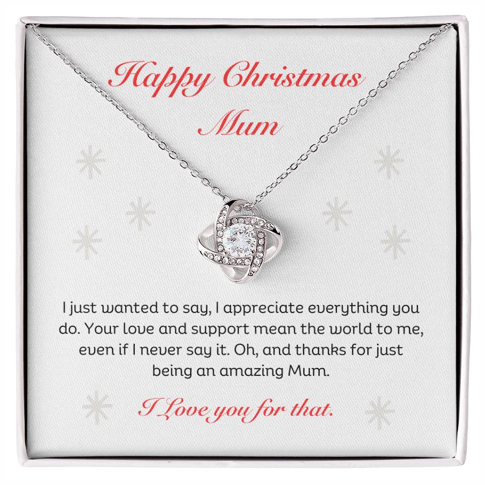  The Best Christmas Gift For Mum. Happy Christmas Mum Love Knot Necklace with heartfelt message. 14k white gold or 18k yellow gold finish.