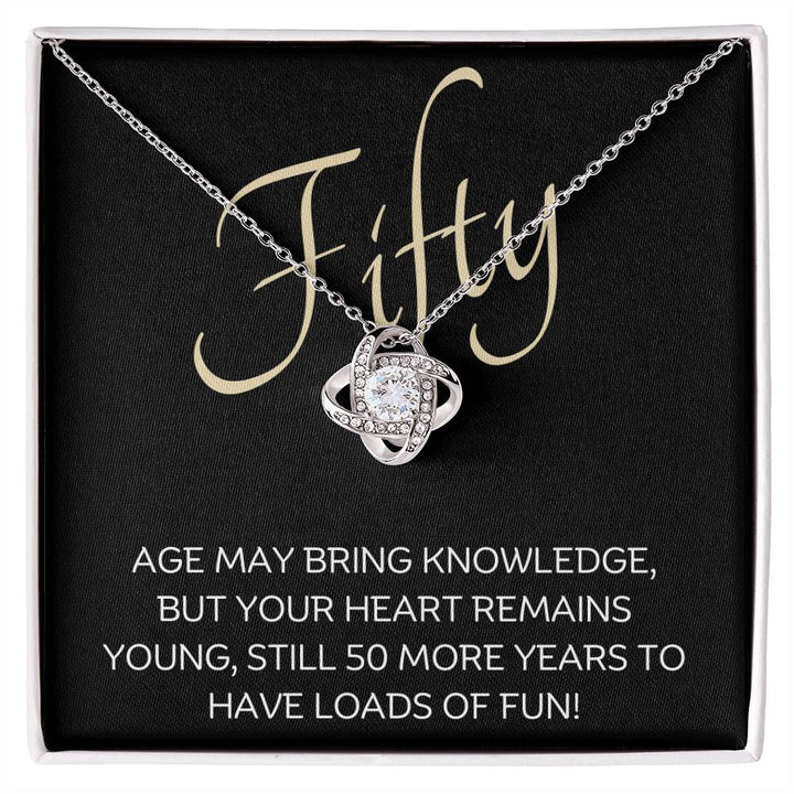 50th Birthday, Beautiful Love Knot 14k or 18k finish Necklace. Features a beautiful pendant embellished with premium cubic zirconia crystals and heartfelt message card.
