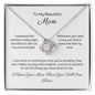 To My Mom, Beautiful Love Knot 14k or 18k finish Necklace. Features a beautiful pendant embellished with premium cubic zirconia crystals and heartfelt message card.