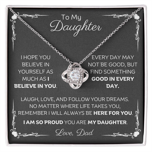 To My Daughter Love Knot Necklace with heartfelt message card and gift box love from Dad. 14k white gold over stainless steel embellished with premium cubic zirconia crystals. Adjustable chain length: 18" - 22" (45.72cm - 55.88cm)