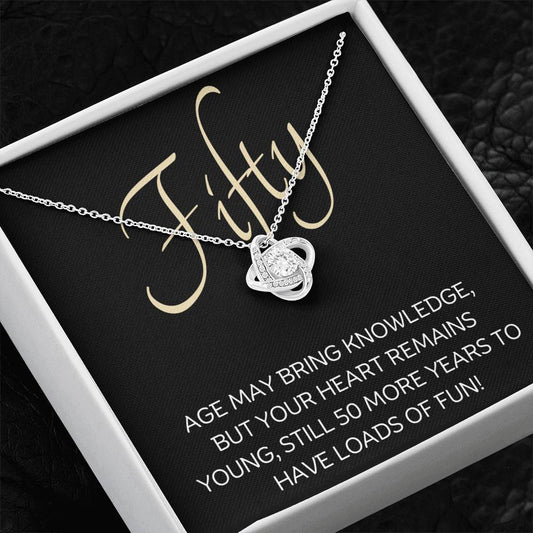 50th Birthday, Beautiful Love Knot 14k or 18k finish Necklace. Features a beautiful pendant embellished with premium cubic zirconia crystals and heartfelt message card.