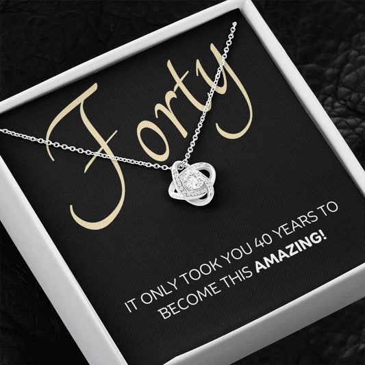 40th Birthday, Beautiful Love Knot 14k or 18k finish Necklace. Features a beautiful pendant embellished with premium cubic zirconia crystals and heartfelt message card.