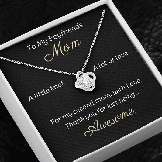 To My Boyfriends Mom Beautiful Love Knot 14k or 18k finish Necklace. Features a beautiful pendant embellished with premium cubic zirconia crystals and heartfelt message card.