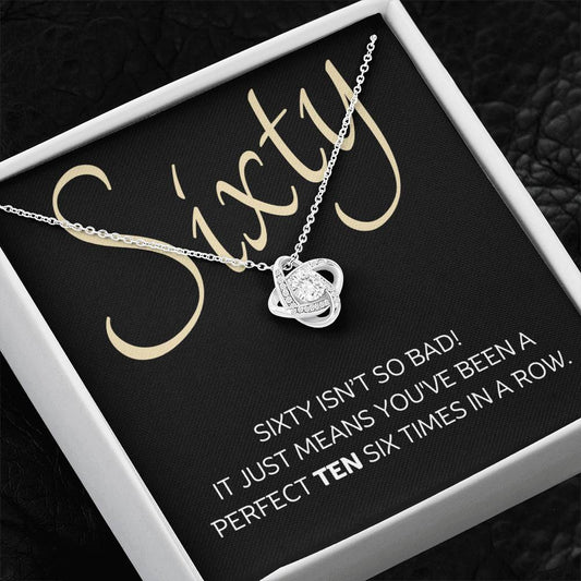 60th Birthday, Beautiful Love Knot 14k or 18k finish Necklace. Features a beautiful pendant embellished with premium cubic zirconia crystals and heartfelt message card.