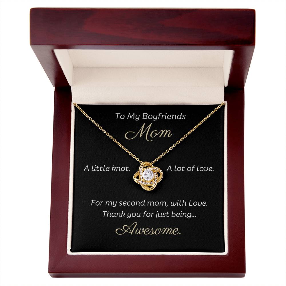 To My Boyfriends Mom Beautiful Love Knot 14k or 18k finish Necklace. Features a beautiful pendant embellished with premium cubic zirconia crystals and heartfelt message card.