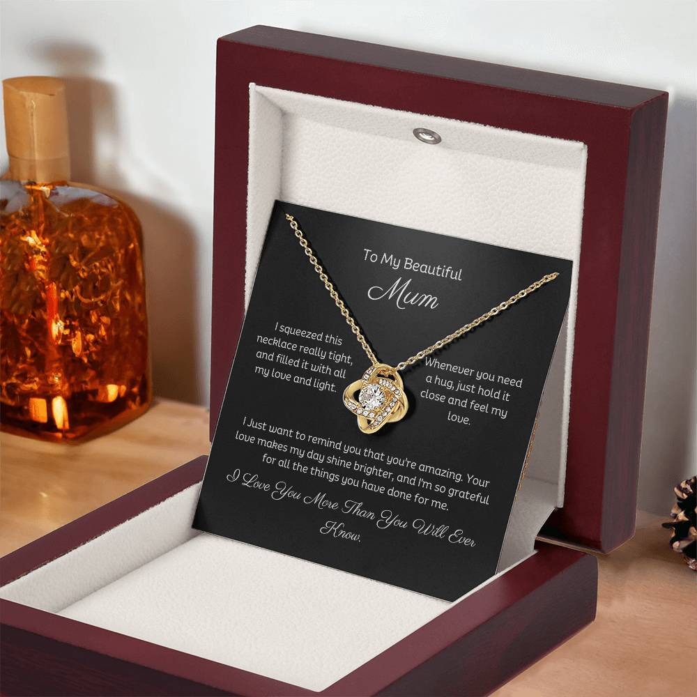 To My Mum, Beautiful Love Knot 14k or 18k finish Necklace. Features a beautiful pendant embellished with premium cubic zirconia crystals and heartfelt message card