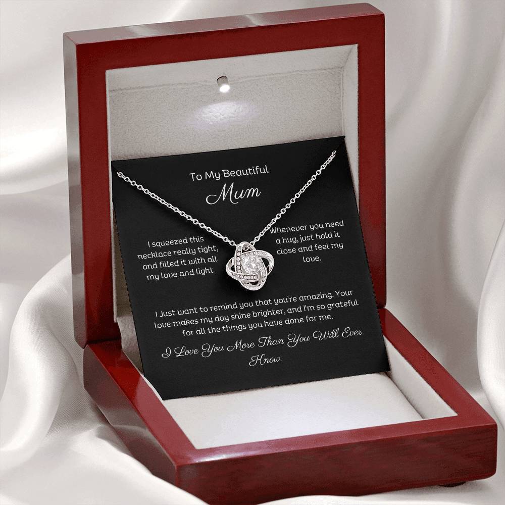 To My Mum, Beautiful Love Knot 14k or 18k finish Necklace. Features a beautiful pendant embellished with premium cubic zirconia crystals and heartfelt message card