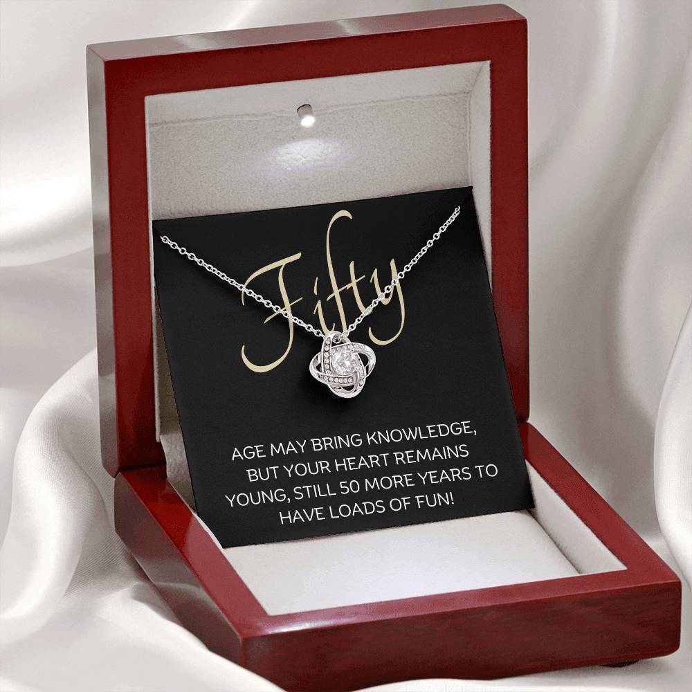 50th Birthday, Beautiful Love Knot 14k or 18k finish Necklace. Features a beautiful pendant embellished with premium cubic zirconia crystals and heartfelt message card.