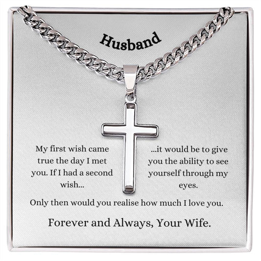 Personalised Husband Stainless Steel Cross Necklace On Cuban Chain
