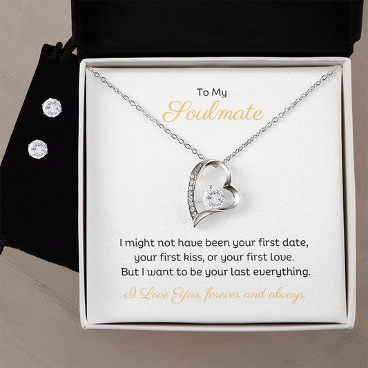 My Soulmate Love Heart Necklace and Earring Set. 14k white gold finish, 6.5mm round cut cubic zirconia crystal with heartfelt message.