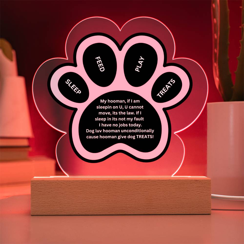 Printed Paw Print Shape Clear Acrylic Plaque With Dogs unconditional love Printed message With LED Option.
