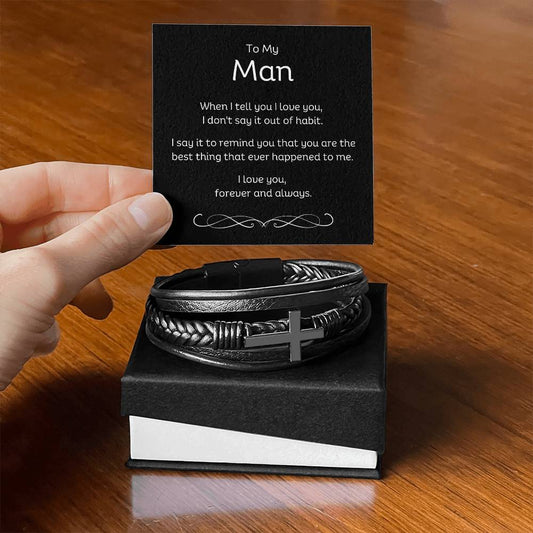 Personalised Men's Cross Leather Bracelet with message card