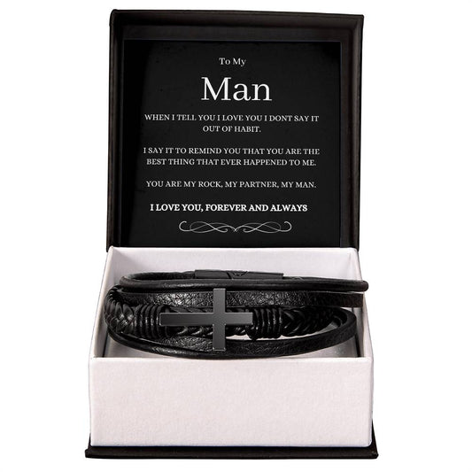 Personalised Men's Cross Leather Bracelet with message card