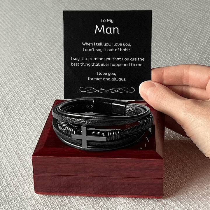 Personalised Men's Cross Leather Bracelet with message card