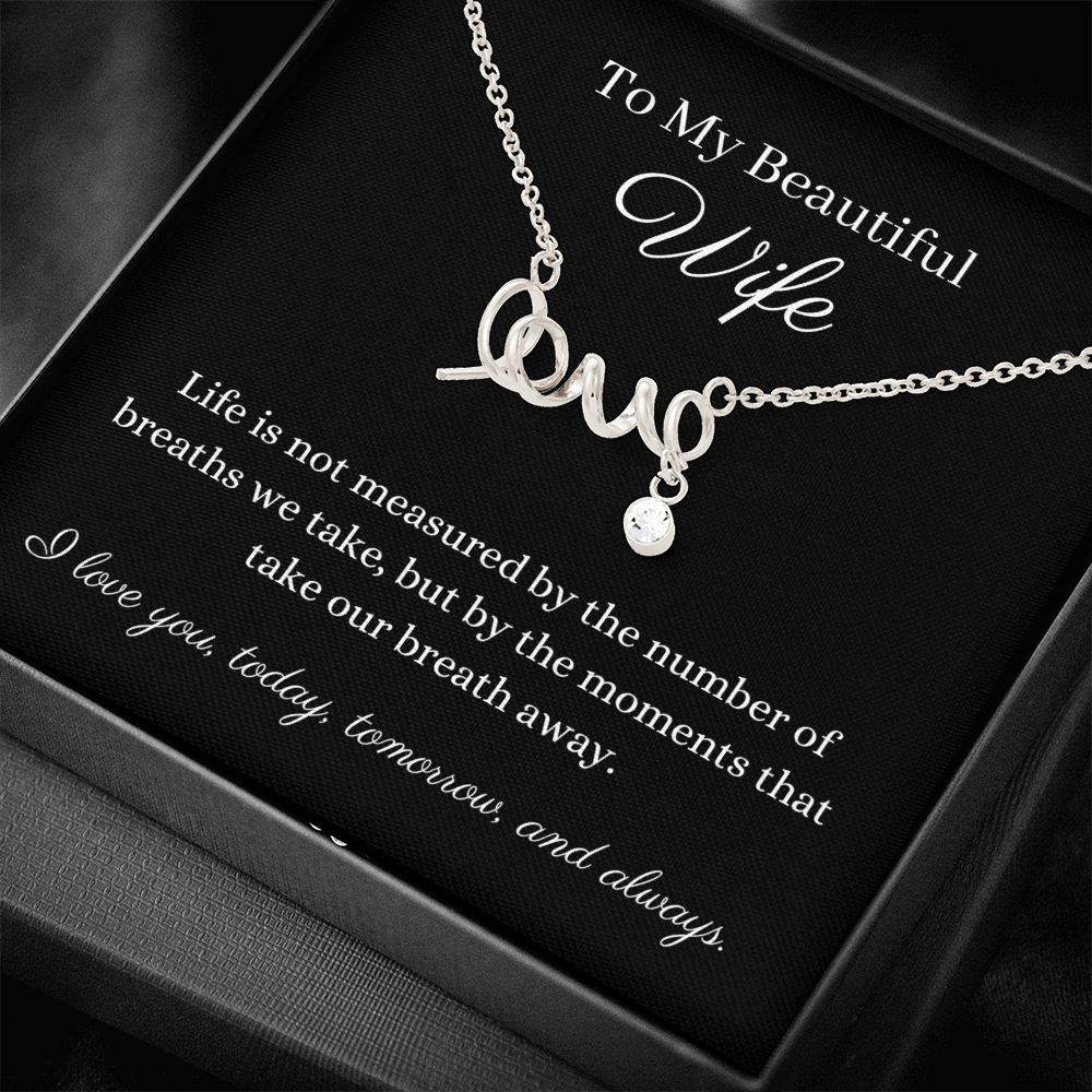 Pendant necklace cursive design spells LOVE. Polished stainless steel or 18k gold finish. Message card To My Beautiful Wife  