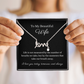 Pendant necklace cursive design spells LOVE. Polished stainless steel or 18k gold finish. Message card To My Beautiful Wife  
