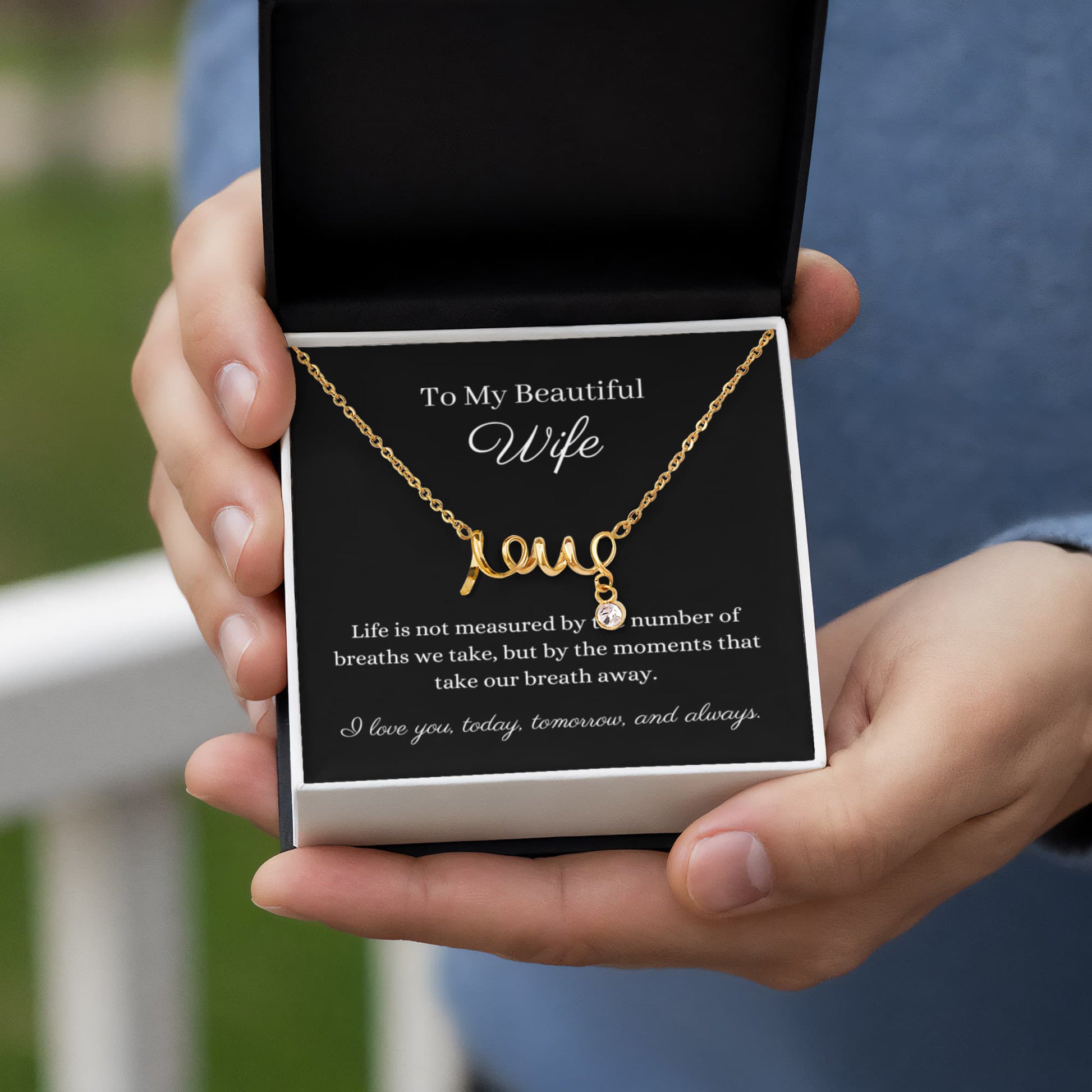 Pendant necklace cursive design spells LOVE. Polished stainless steel or 18k gold finish. Message card To My Beautiful Wife  