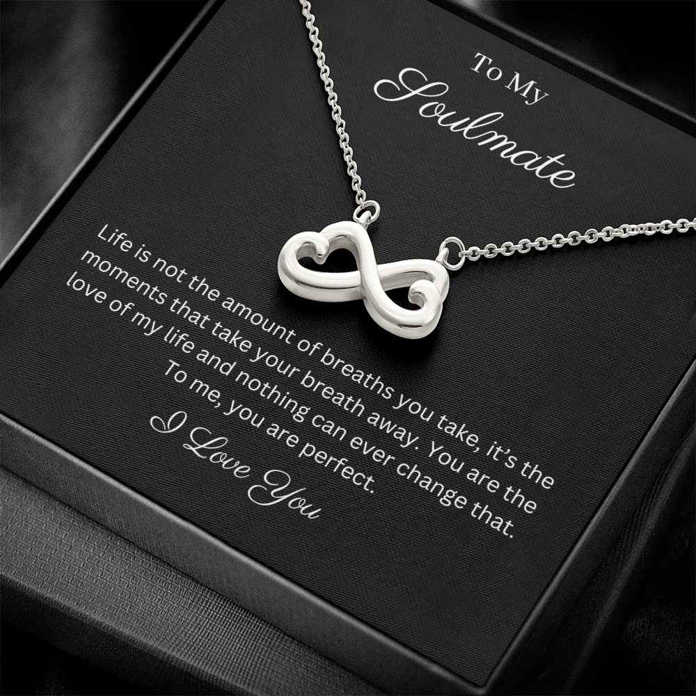 To My Soulmate Infinity Hearts Necklace with message card. crafted in either a 14k white gold finish or an 18k yellow gold finish, this heart-shaped infinity symbol is hand-polished to showcase its magnificent shine