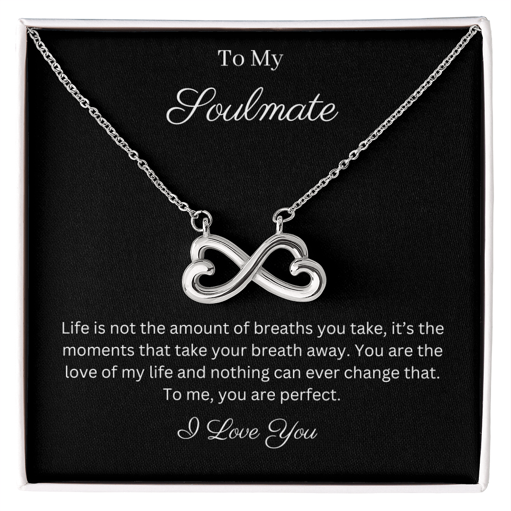To My Soulmate Infinity Hearts Necklace with message card. crafted in either a 14k white gold finish or an 18k yellow gold finish, this heart-shaped infinity symbol is hand-polished to showcase its magnificent shine.