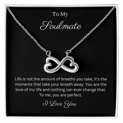 To My Soulmate Infinity Hearts Necklace with message card. crafted in either a 14k white gold finish or an 18k yellow gold finish, this heart-shaped infinity symbol is hand-polished to showcase its magnificent shine.