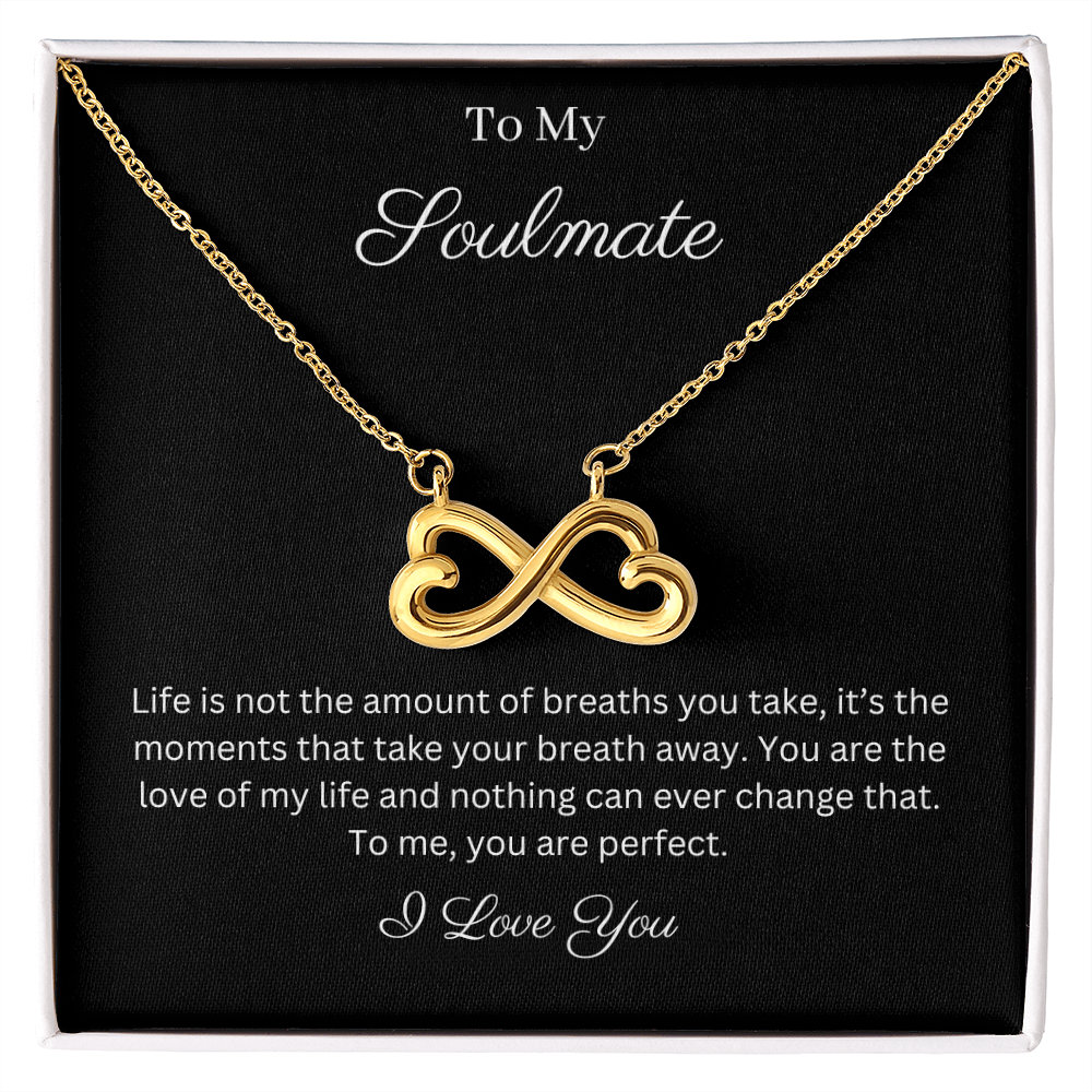 To My Soulmate Infinity Hearts Necklace with message card. crafted in either a 14k white gold finish or an 18k yellow gold finish, this heart-shaped infinity symbol is hand-polished to showcase its magnificent shine