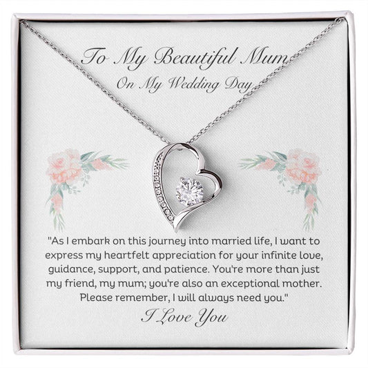 To My Beautiful Mum On My Wedding Day Heart pendant 14k white gold finish or 18k yellow gold finish 6.5mm round cut cubic zirconia stone