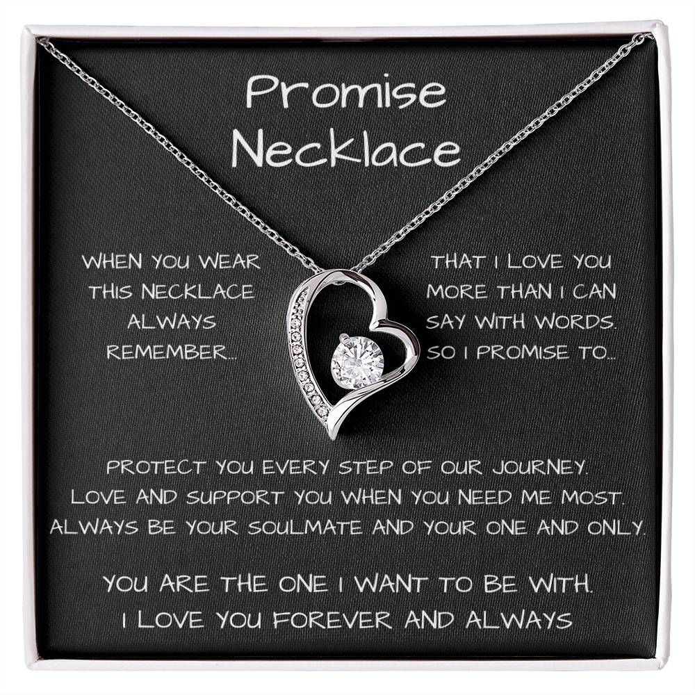 Promise Heart Shape Pendant Necklace 14k white gold finish or 18k yellow gold finish 6.5mm round cut cubic zirconia stone with a heartfelt promise message
