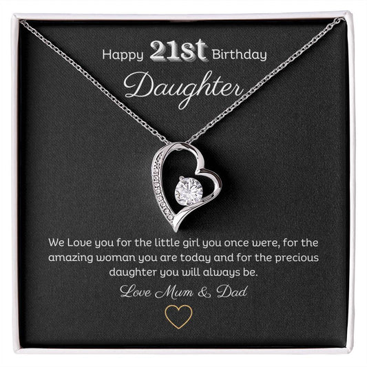 Happy 21st Birthday Daughter Message with Forever Love Heart Pendant Necklace 14k or 18k Gold