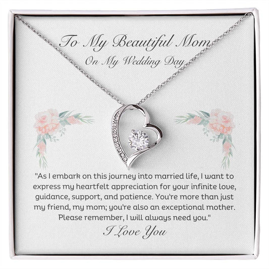 To My Beautiful Mom On My Wedding Day Heart pendant 14k white gold finish or 18k yellow gold finish 6.5mm round cut cubic zirconia stone