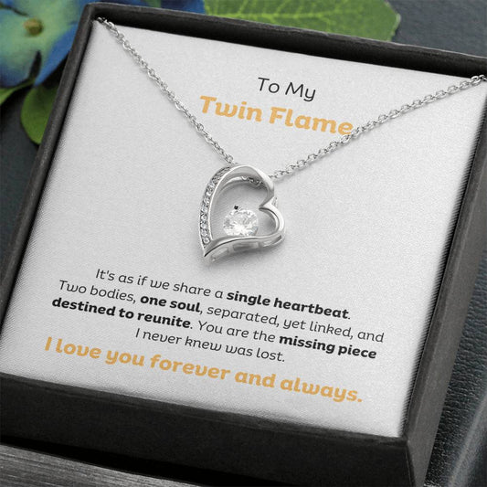 To My Twin Flame Forever Love Heart Necklace with a beautiful heartfelt message. 14k or 18k Gold finish.