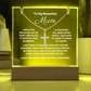 Stunning Square Acrylic with a beautiful heartfelt message to Mum. Includes a  stunning Cross Necklace. Acrylic comes with a stylish wooden LED base, and you can choose between a USB plug-in option OR a cordless battery-operated option. Cross features Stainless Steel Cross, Snake chain, Lobster clasp.  