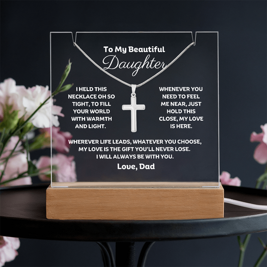 A stunning Square Acrylic plaque paired with a beautiful Polished Stainless Cross Pendant Necklace. The beautiful Daughter heartfelt message is showcased on crystal-clear acrylic, making this set a striking focal point in any space. 